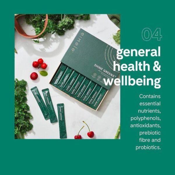 Eimele Shine Greens supports general health and wellbeing with nutrients antioxidants and probiotics