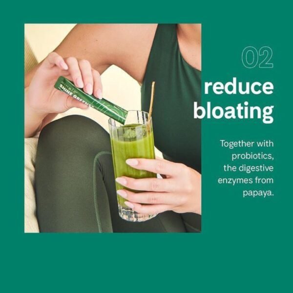 Eimele Shine Greens helps reduce bloating with digestive support