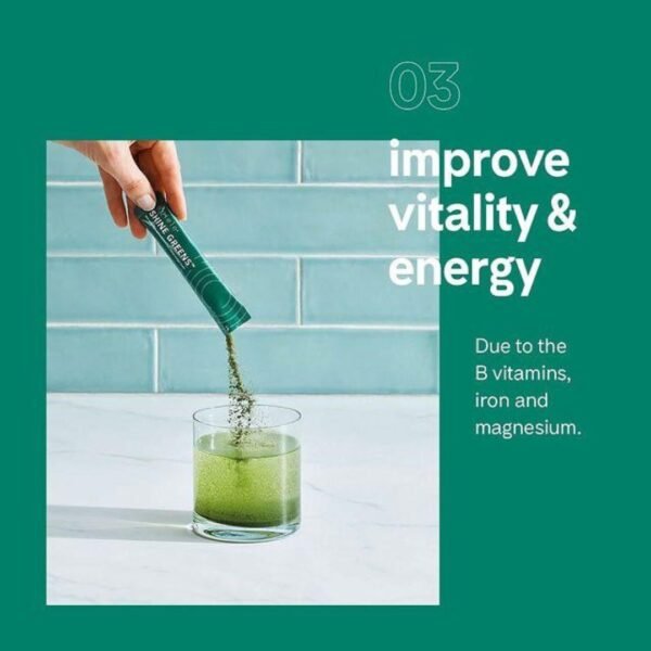 Eimele Shine Greens supports vitality and energy with B vitamins iron and magnesium