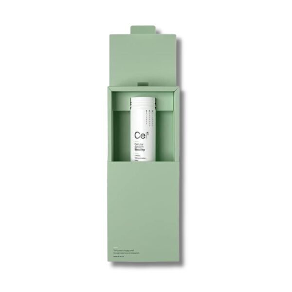 SRW Cel1 Open Box Packaging SRW Cel1 bottle displayed inside open green packaging