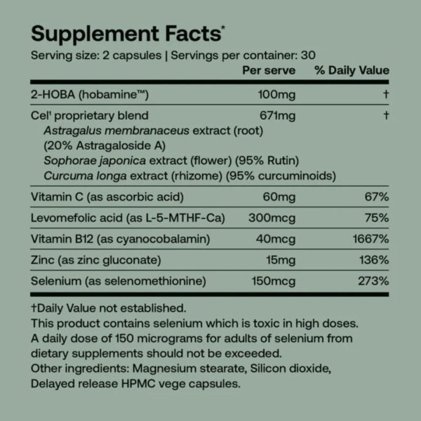 SRW Cel1 Supplement Facts SRW Cel1 supplement facts with 2-HOBA, Astragaloside A, rutin and vitamins