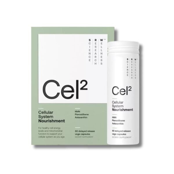 SRW Cel2 NMN supplement box and bottle, 60 capsules