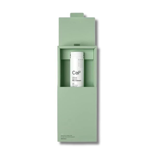 SRW Cel2 bottle displayed inside open green packaging