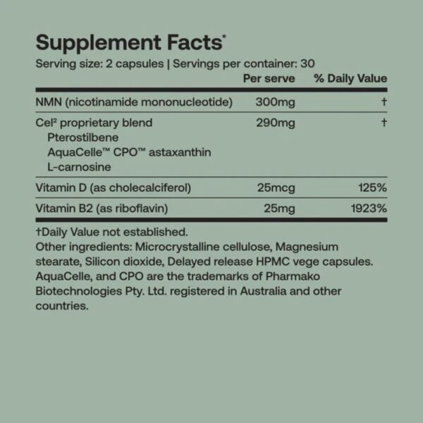 SRW Cel2 supplement facts with NMN, pterostilbene, astaxanthin and vitamins
