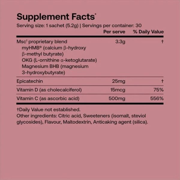 Supplement facts panel for SRW MSC1 Tone with myHMB, OKG, magnesium BHB, epicatechin, vitamin D and vitamin C