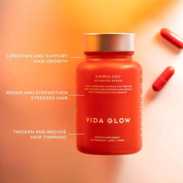 Vida Glow Hairology supports hair growth, strength and fuller-looking hair