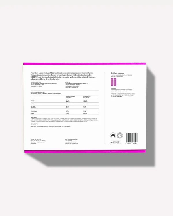 Vida Glow Liquid Collagen Nutrition & Ingredients Vida Glow Liquid Collagen Skin Health packaging with ingredients, nutritional information and directions