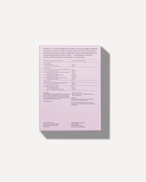 Vida Glow Luminous Advanced Repair packaging with active ingredients and directions for use
