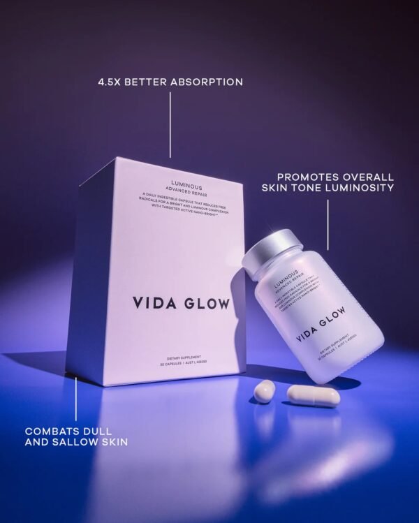 Vida Glow Luminous Advanced Repair with Nano-Bright technology and 4.5x better absorption